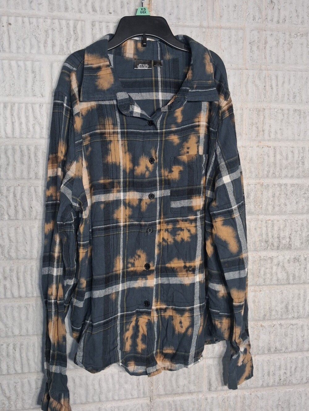 Star Wars Bleached Plaid Button-Up Shirt - Gray & Tan With Grogu On The Back. XS